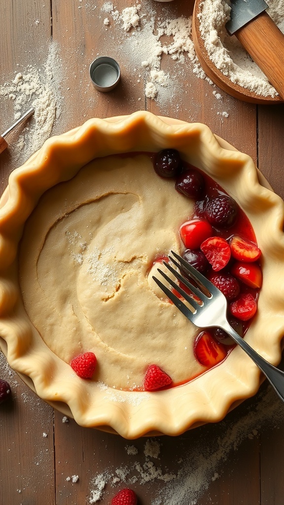 A no-roll pie crust in a dish filled with fruit filling, set on a rustic kitchen counter.